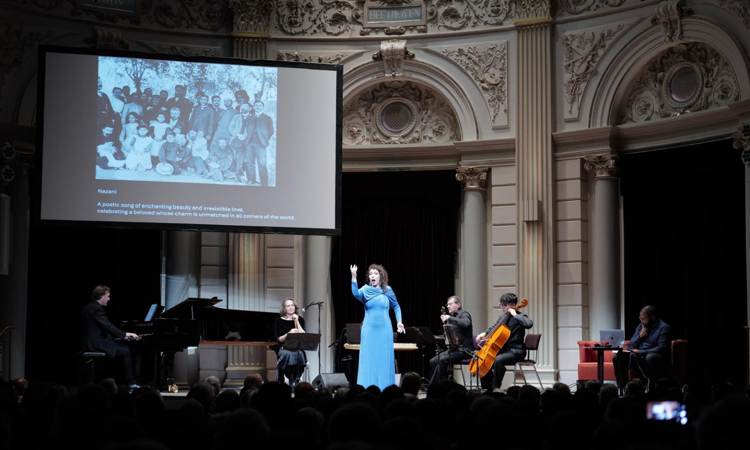 A wide view of Natali Boghossian and Zartonk Consort performing for the audience in the Kleine Zaal.